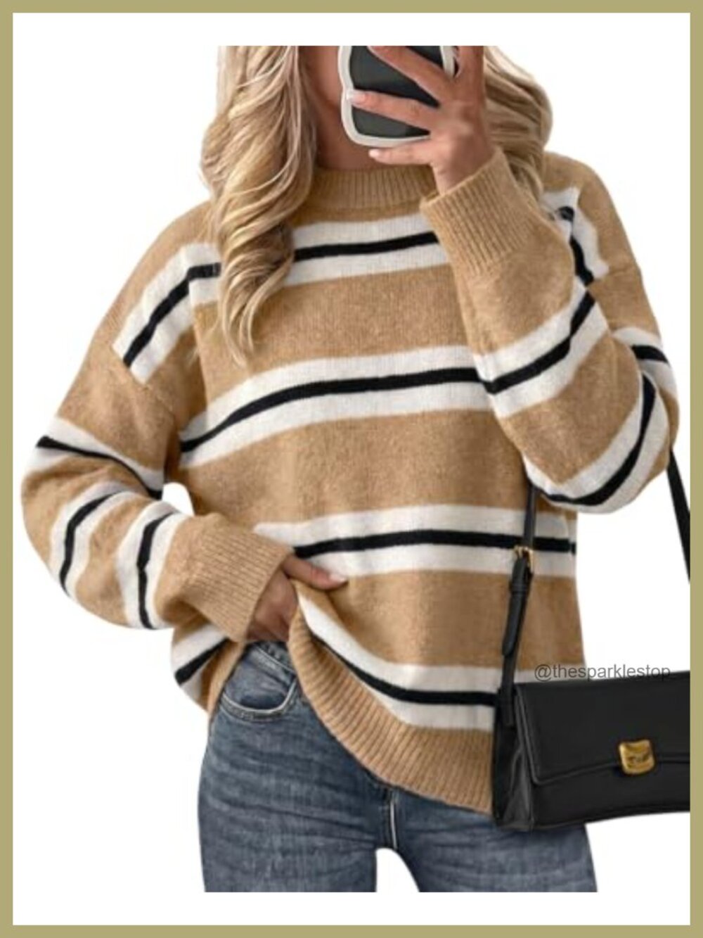 Womens Striped Pullover Sweater Long Sleeve Crew Neck Loose Knit Top